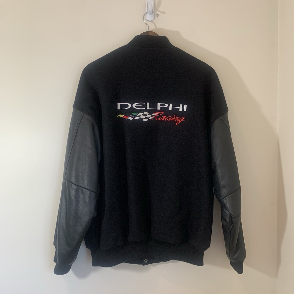 Vintage Mens‎ Delphi Racing Varsity Jacket 2XL Black Embroidered Leather Sleeves